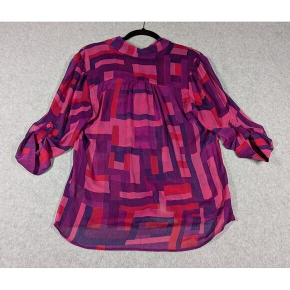 alice + olivia Women Top Size 4 Geo Block Neck Tie Tab Sleeve Semi Sheer Button - Picture 6 of 15